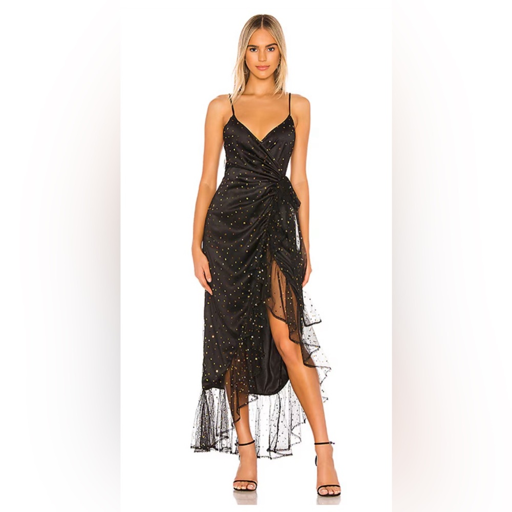 Aria maxi- black with confetti metallic gold stars- flattering wrap maxi